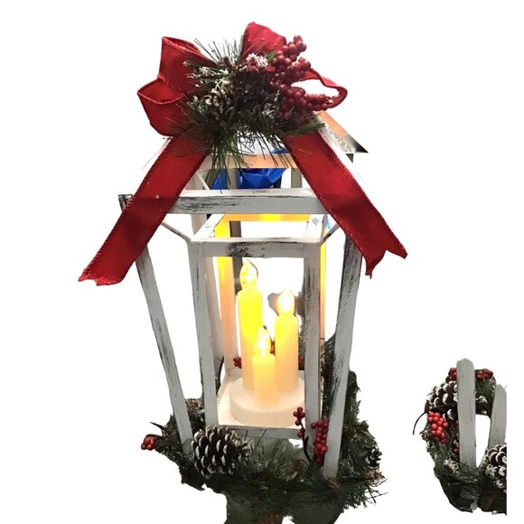 SET OF 2 - WHITE RUSTIC CHRISTMAS LANTERN CENTERPIECE BATTERY OPERATED - Picture 3 of 8